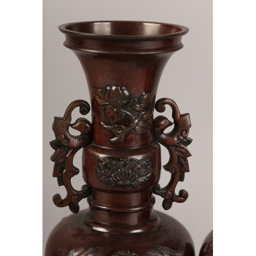 9 - A PAIR OF JAPANESE BRONZE VASES, Meiji period, flared and collared neck with twin phoenix handles, a... 