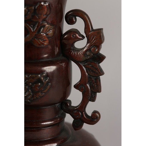 9 - A PAIR OF JAPANESE BRONZE VASES, Meiji period, flared and collared neck with twin phoenix handles, a... 