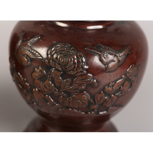 9 - A PAIR OF JAPANESE BRONZE VASES, Meiji period, flared and collared neck with twin phoenix handles, a... 