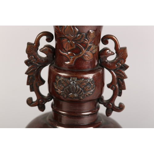 9 - A PAIR OF JAPANESE BRONZE VASES, Meiji period, flared and collared neck with twin phoenix handles, a... 