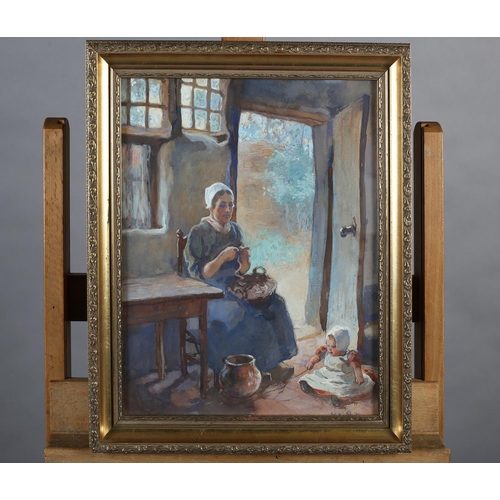 45 - WILLY SLUITER (DUTCH 1873-1949), A quiet moment, mother and child beside the open cottage door, wate... 