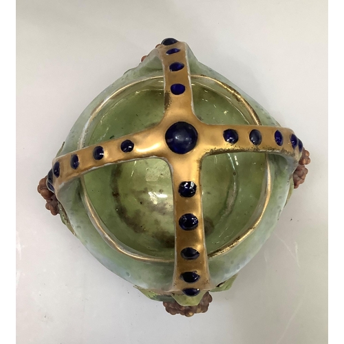 17 - A late 19th/early 20th century amphora basket, the handles formed as a crown gilt with blue glaze du... 