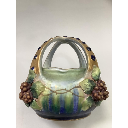 17 - A late 19th/early 20th century amphora basket, the handles formed as a crown gilt with blue glaze du... 