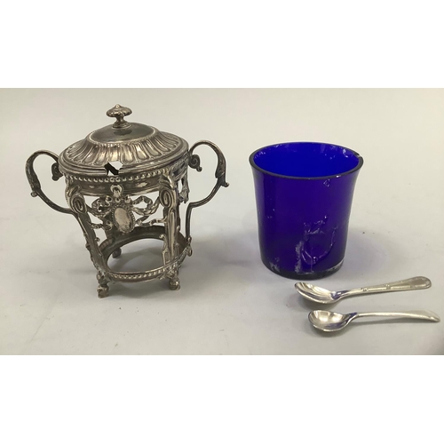 20 - A late 19th century French EPNS mustard pot having a domed cover with finial twin-leaf capped handle... 