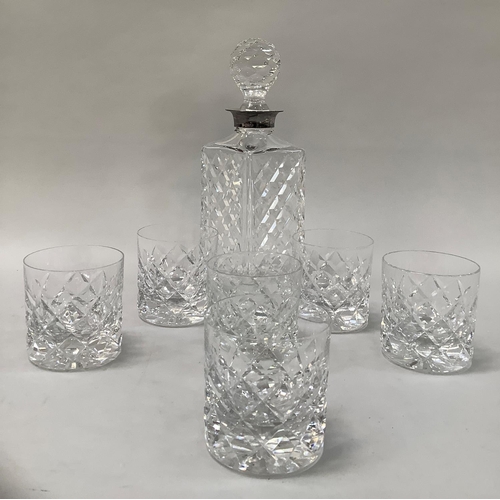 23 - A silver collared cut-glass spirit decanter of square outline with faceted stopper together with six... 