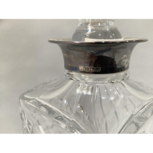 23 - A silver collared cut-glass spirit decanter of square outline with faceted stopper together with six... 