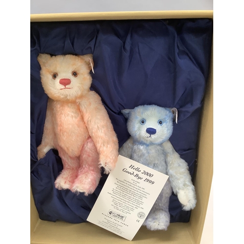 34 - A Steiff commemorative set of two bears 'Hello 2000 Goodbye 1999' with orange oblique pink and blue ... 
