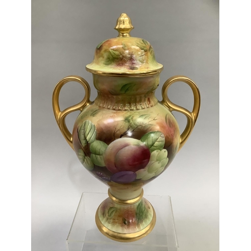43 - A Bareuther German china two-handled urn vase and cover hand painted by J Mottram with peaches, plum... 