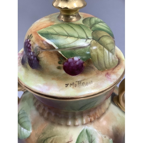 43 - A Bareuther German china two-handled urn vase and cover hand painted by J Mottram with peaches, plum... 