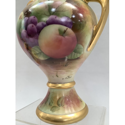 43 - A Bareuther German china two-handled urn vase and cover hand painted by J Mottram with peaches, plum... 
