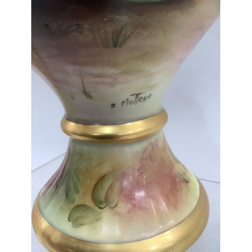 43 - A Bareuther German china two-handled urn vase and cover hand painted by J Mottram with peaches, plum... 