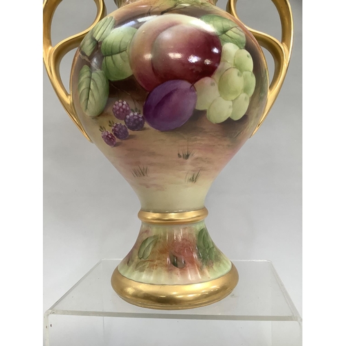 43 - A Bareuther German china two-handled urn vase and cover hand painted by J Mottram with peaches, plum... 