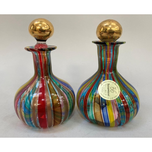 57 - Three Murano glass scent bottles in multi-coloured striped, multi-coloured and aventurine and a blue... 