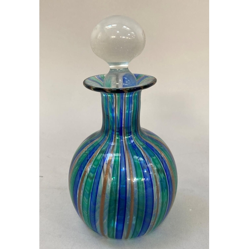 57 - Three Murano glass scent bottles in multi-coloured striped, multi-coloured and aventurine and a blue... 