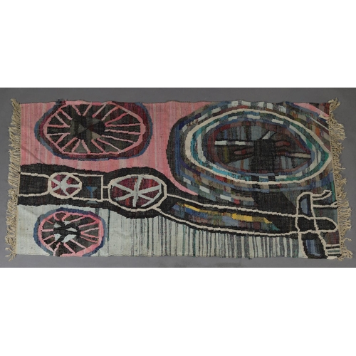 59 - A Moroccan Berber rug in pink, pale green, blue, mauve and charcoal of 'wheel' design, 235cm long x ... 
