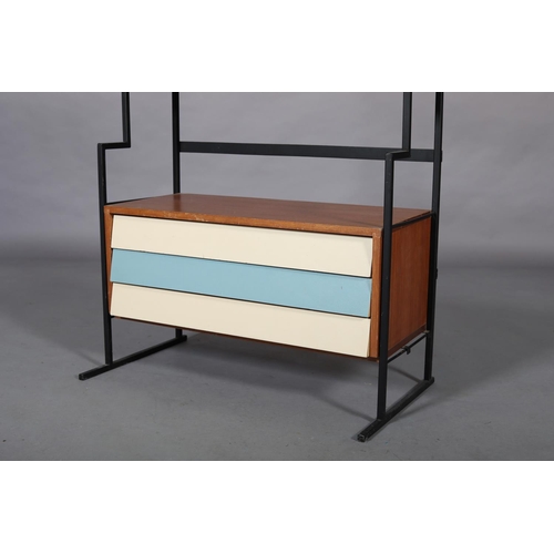 22 - A Ladderax shelving unit, of four teak adjustable shelves and set of three drawers with coloured fro... 