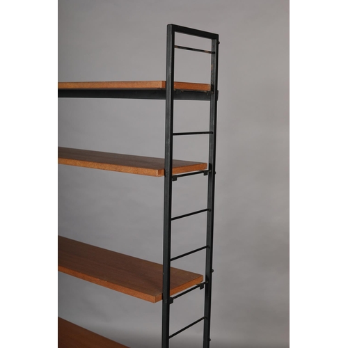 22 - A Ladderax shelving unit, of four teak adjustable shelves and set of three drawers with coloured fro... 