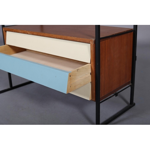 22 - A Ladderax shelving unit, of four teak adjustable shelves and set of three drawers with coloured fro... 