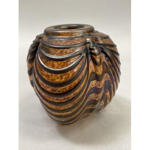 10 - An iridescent triform glass vase, ribbed with a stylized dragonfly motif, etched signature to base D... 