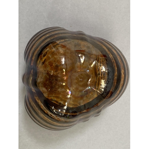 10 - An iridescent triform glass vase, ribbed with a stylized dragonfly motif, etched signature to base D... 