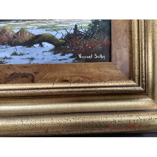 18 - Vincent Selby (1919-2004), snow covered fields with farmhouse and pheasants, oil on board, signed to... 