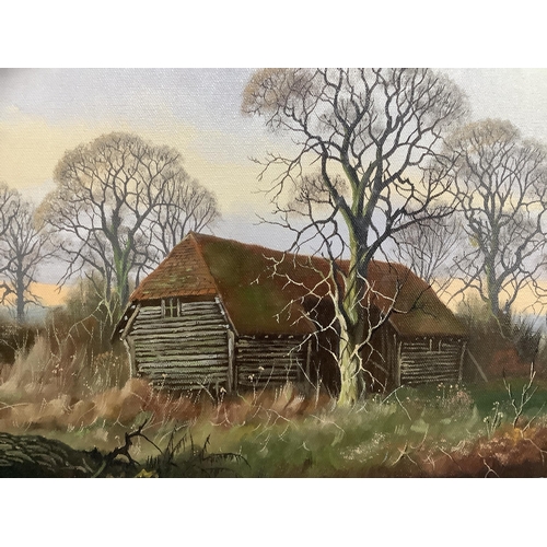 19 - Vincent Selby (1919-2004), a rural landscape with barn and village with figures collecting kindling,... 