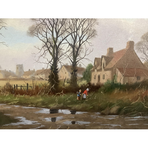 19 - Vincent Selby (1919-2004), a rural landscape with barn and village with figures collecting kindling,... 