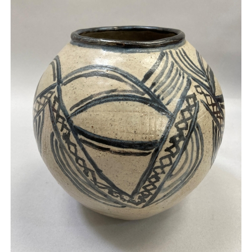 4 - A Tonalá pottery vase from Tonalá, Jalisco, Mexico, the ovoid body painted with ovals and a zigzag b... 