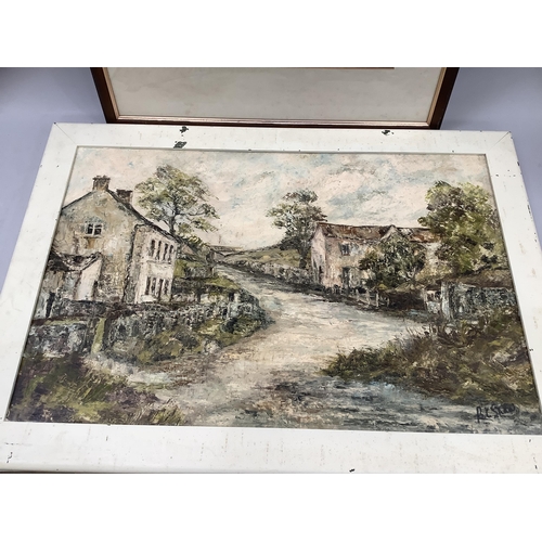 51 - R C Shaw, Yorkshire landscape with village houses and lane, oil on board, signed to lower right, 43.... 