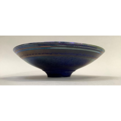 28 - A blue iridescent bowl, circular, gilded with pomeranite and dragonflies, signed to underside with m... 