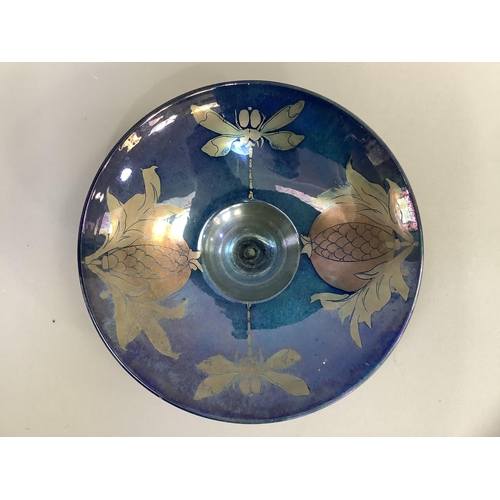 28 - A blue iridescent bowl, circular, gilded with pomeranite and dragonflies, signed to underside with m... 