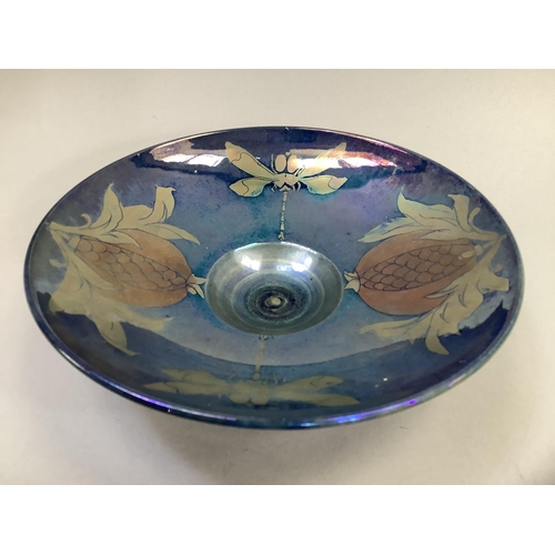 28 - A blue iridescent bowl, circular, gilded with pomeranite and dragonflies, signed to underside with m... 