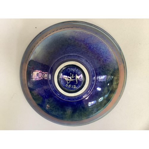 28 - A blue iridescent bowl, circular, gilded with pomeranite and dragonflies, signed to underside with m... 