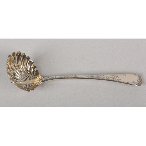 177 - A GEORGE III SILVER  SUGAR SIFTING SPOON, London 1899 for I B, Hanoverian pattern with pierced scall... 