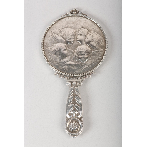181 - A VICTORIAN SILVER MOUNTED HAND MIRROR, London 1887 for Edward Brown, cherub and foliate chased, set... 