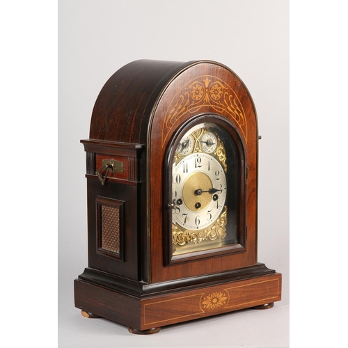 34 - A LATE 19TH CENTURY GERMAN ROSEWOOD AND SATINWOOD INLAID BRACKET CLOCK AND BRACKET BY JUNGHANS, mode... 