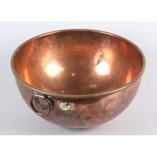 23 - A 19TH CENTURY BENHAM & FROUD COPPER WHISKING BOWL with pendant ring, stamped with cross and orb tra... 