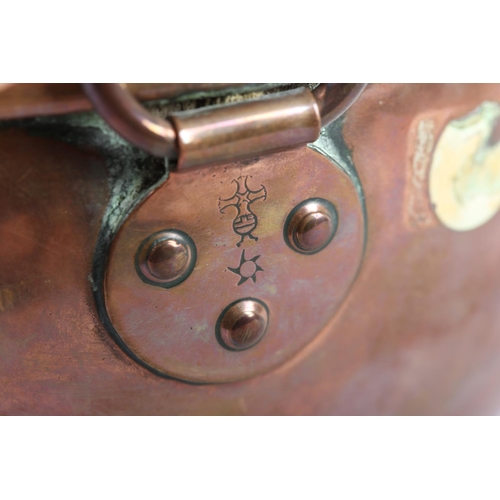 23 - A 19TH CENTURY BENHAM & FROUD COPPER WHISKING BOWL with pendant ring, stamped with cross and orb tra... 
