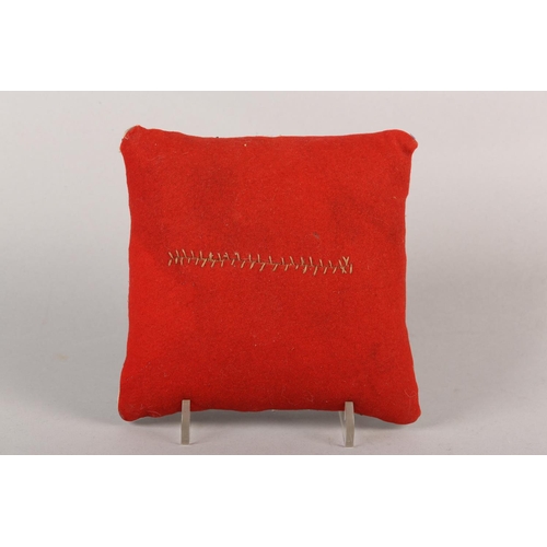 16 - A VICTORIAN BEADWORK LOVE TOKEN of square outline, yellow, white, black and red patchwork felt borde... 