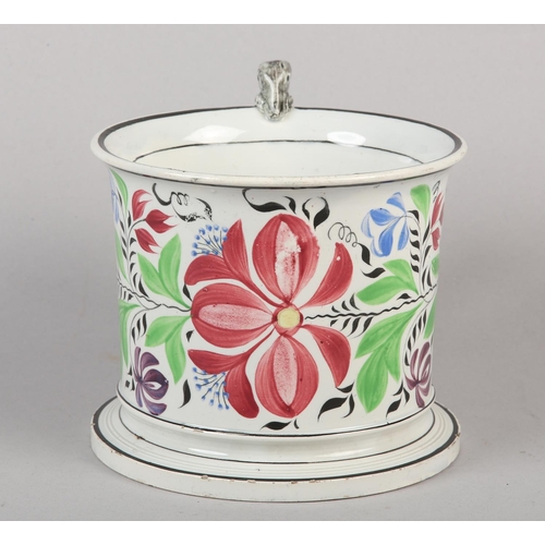 58 - AN UNUSUAL MID 19TH CENTURY STAFFORDSHIRE POTTERY FROG MUG, cylindrical with everted rim and moulded... 