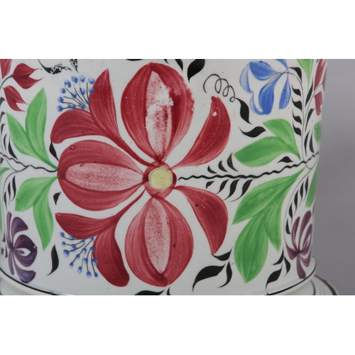 58 - AN UNUSUAL MID 19TH CENTURY STAFFORDSHIRE POTTERY FROG MUG, cylindrical with everted rim and moulded... 