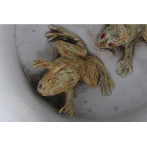 58 - AN UNUSUAL MID 19TH CENTURY STAFFORDSHIRE POTTERY FROG MUG, cylindrical with everted rim and moulded... 