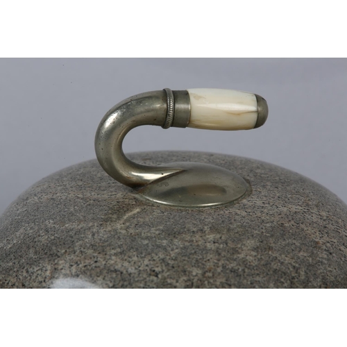 4 - A PAIR OF SMALL CURLING STONE DESK TOP PAPERWEIGHTS polished granite with ivory and plate mounted ha... 