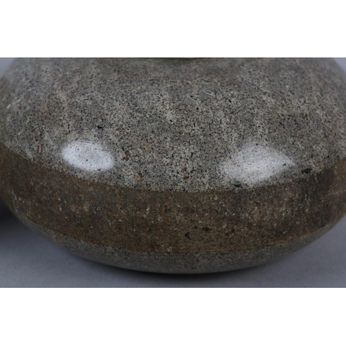 4 - A PAIR OF SMALL CURLING STONE DESK TOP PAPERWEIGHTS polished granite with ivory and plate mounted ha... 