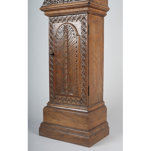 36 - A VICTORIAN MINIATURE OAK LONGCASE CLOCK CASE, having a square hood carved with tendrils flanked by ... 