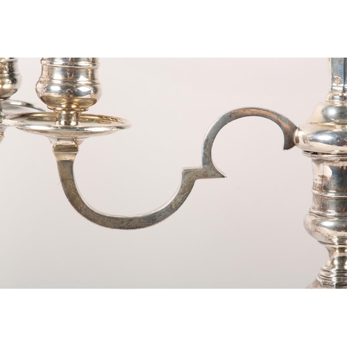 179 - A PAIR OF GEORGE V SILVER CANDELABRA, London 1937, for Thomas Bradbury & Sons Ltd, three light with ... 