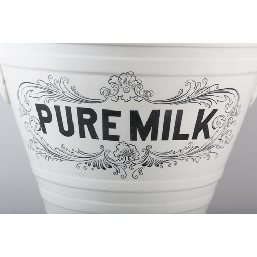 9 - A WHITE GLAZE POTTERY PURE MILK TWO-HANDLED DAIRY PAIL, lettered in black 'PURE MILK' within scrollw... 