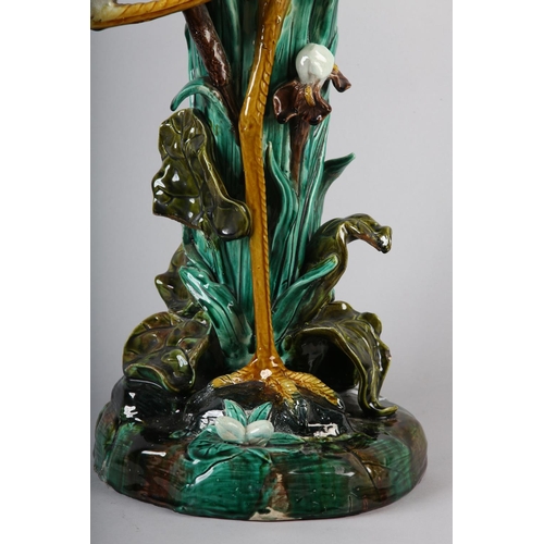52 - A 19TH CENTURY MAJOLICA STICK STAND, modelled by Jospeh Holdcroft, as a stork standing beside bullru... 