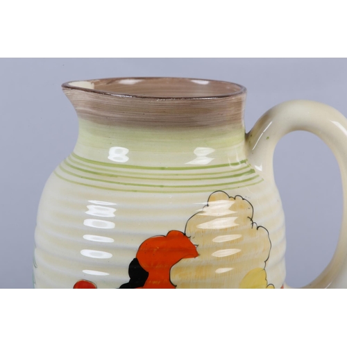 53 - A CLARICE CLIFF SINGLE HANDLED JUG OF LORNA PATTERN, c.1936, the ribbed body painted with a cottage ... 