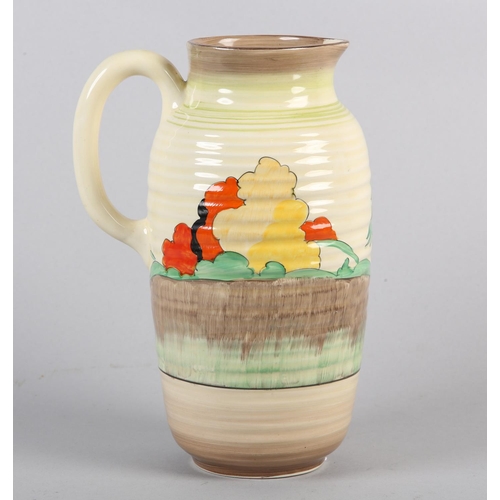 53 - A CLARICE CLIFF SINGLE HANDLED JUG OF LORNA PATTERN, c.1936, the ribbed body painted with a cottage ... 